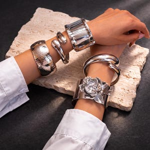 Silver Cuff Bracelet Set Adjustable Chunky Bangles Statement Jewelry Minimal Stack Bracelets Gift for Her Modern Silver Jewelry