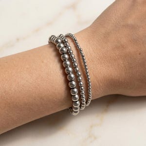 Waterproof Silver Beaded Bracelet Stack, Stainless Steel Bracelet, Stacking Bracelet Set, Minimalist Jewelry, Gift for Her