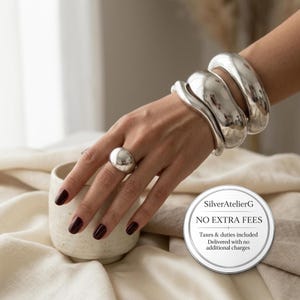 Chunky Silver Bangle Set, Dome Ring & Sculptural Cuff, Bold Statement Jewelry Gift for Her, Silver Bracelet Stack