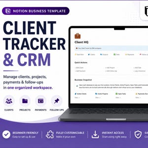 Pode incluir: Um modelo de negócio Notion para rastreamento de clientes e CRM exibido em uma tela de laptop e smartphone. A interface apresenta seções para Client HQ, ações rápidas e um resumo de negócios com ícones para clientes, projetos e pagamentos.