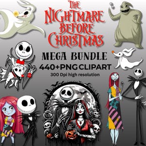 Könnte beinhalten: Ein digitales Grafikpaket mit Charakteren aus The Nightmare Before Christmas, darunter Jack Skellington, Sally, Zero und Oogie Boogie. Der Text lautet The Nightmare Before Christmas Mega Bundle 440+ PNG Clipart 300 Dpi high resolution.