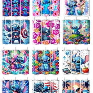 May include: A collection of twelve cylindrical tumblers featuring various graphic prints of the blue alien character Stitch, including designs with tropical flowers, butterflies, puzzle pieces, math equations, American flags, and beach scenes.