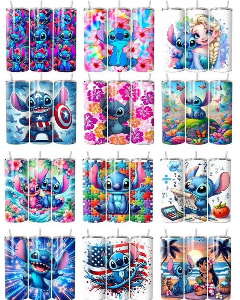 May include: A collection of twelve cylindrical tumblers featuring various graphic prints of the blue alien character Stitch, including designs with tropical flowers, butterflies, puzzle pieces, math equations, American flags, and beach scenes.