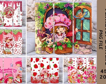 45+ Retro Straw-bery Sh0rt-cake tumblerBundle | 90s Cartoon Girl | Cute Berry Friends, Pack Pink Strawberry Cartoon Tumbler Wraps