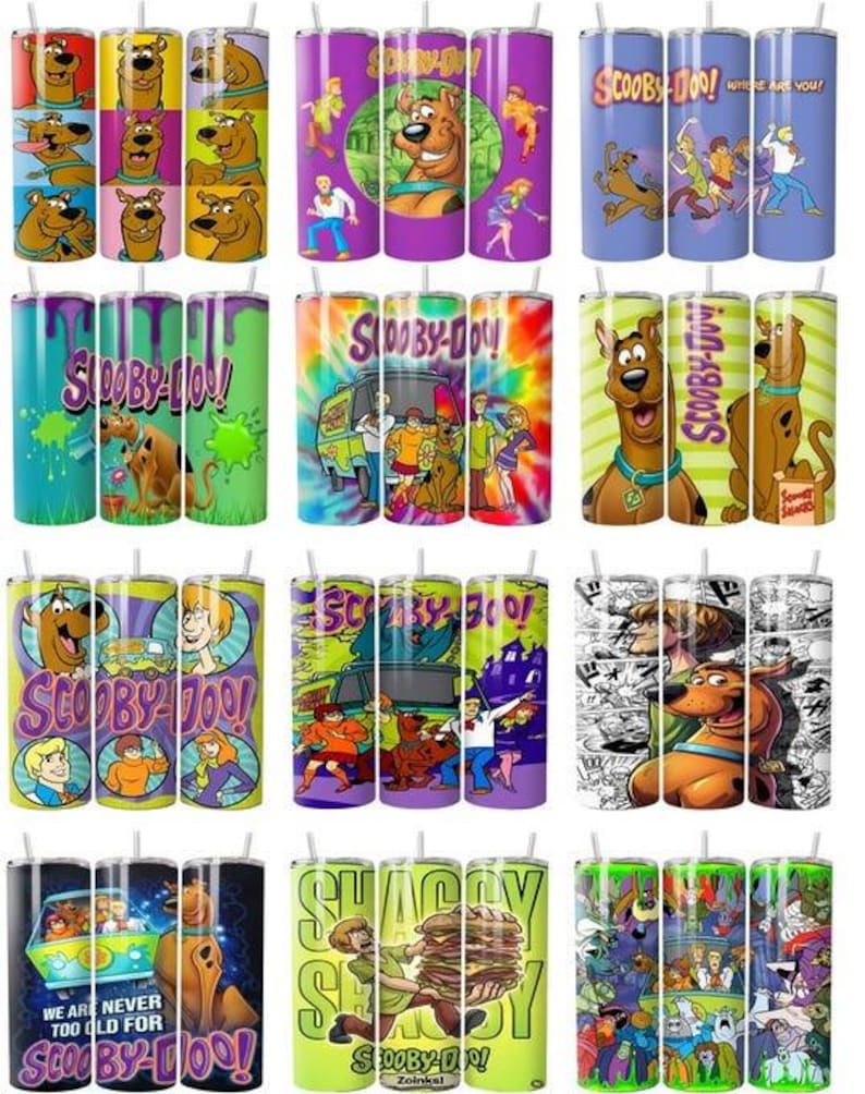 May include: A collection of twelve cylindrical tumblers featuring various Scooby-Doo character graphics, including Scooby-Doo, Shaggy, Velma, Daphne, and Fred, alongside the Mystery Machine van, colorful patterns, and the text Scooby-Doo.