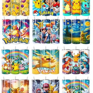 May include: A collection of twelve cylindrical tumblers featuring various colorful graphic prints of Pokemon characters including Pikachu, Ash Ketchum, Charmander, and Bulbasaur, each topped with a thin straw and displaying vibrant animated scenes.