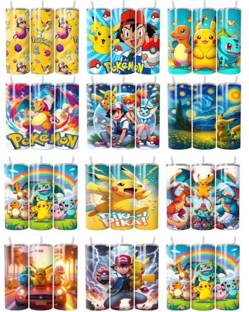 May include: A collection of twelve cylindrical tumblers featuring various colorful graphic prints of Pokemon characters including Pikachu, Ash Ketchum, Charmander, and Bulbasaur, each topped with a thin straw and displaying vibrant animated scenes.