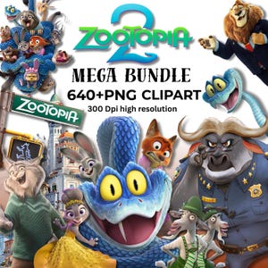 以下が含まれることがあります： Zootopia 2のブランディングと「Zootopia 2 MEGA BUNDLE 640+PNG CLIPART 300 Dpi high resolution」というテキストが記載されたデジタルグラフィックバンドル。画像には、青いヘビ、バッファロー、キツネなど、さまざまなアニメーションの動物キャラクターが表示されています。