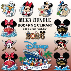 May include: A digital collection of Disney-themed clipart featuring characters like Donald Duck, Minnie Mouse, Mickey Mouse, and Goofy in nautical attire. The set includes cruise ship graphics, the text MEGA BUNDLE 900+PNG CLIPART, 2026, and Disney Cruise Line.