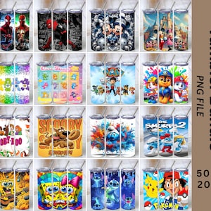 May include: A digital collection of 20-ounce tumbler designs featuring various cartoon and movie characters including Spider-Man, Mickey Mouse, Care Bears, Paw Patrol, Scooby-Doo, Smurfs, SpongeBob SquarePants, Stitch, and Pok&eacute;mon with text Tumbler Bundle 500+ 20oz.