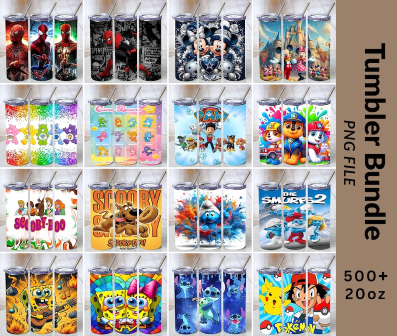 May include: A digital collection of 20-ounce tumbler designs featuring various cartoon and movie characters including Spider-Man, Mickey Mouse, Care Bears, Paw Patrol, Scooby-Doo, Smurfs, SpongeBob SquarePants, Stitch, and Pok&eacute;mon with text Tumbler Bundle 500+ 20oz.