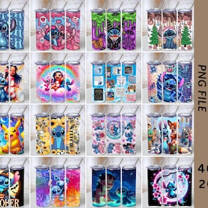 May include: A collection of twenty cylindrical tumblers with lids and straws, each featuring distinct colorful graphic designs of the character Stitch and other figures, with the text Tumbler Bundle 460+ 20oz displayed on the right side.