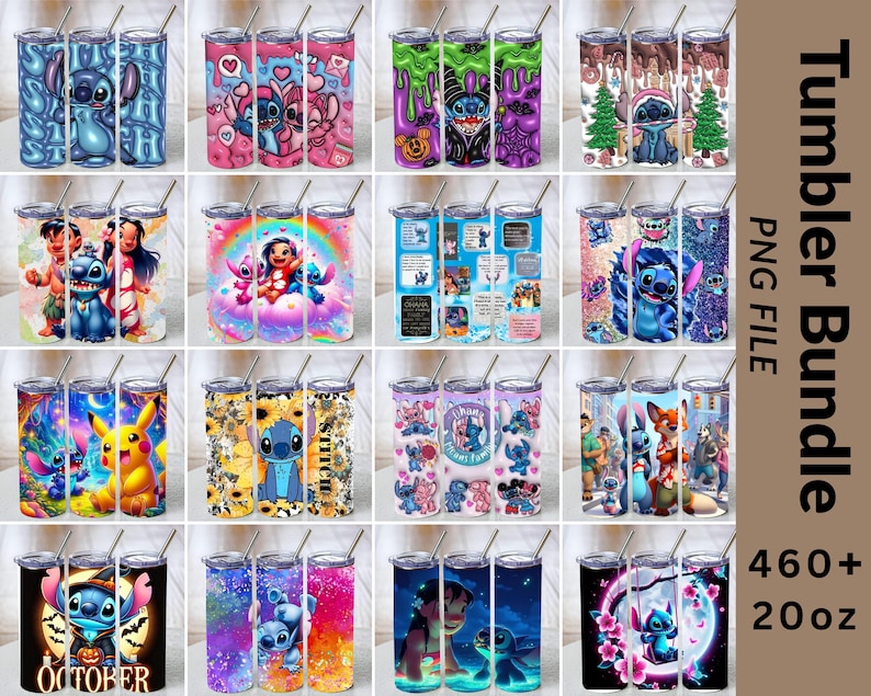May include: A collection of twenty cylindrical tumblers with lids and straws, each featuring distinct colorful graphic designs of the character Stitch and other figures, with the text Tumbler Bundle 460+ 20oz displayed on the right side.