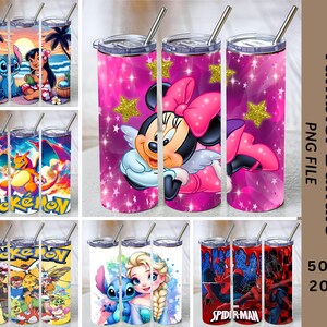 May include: A collection of 20oz tumblers with lids and straws, featuring various character designs including Lilo and Stitch, Pokemon, Minnie Mouse with gold stars on a pink background, Elsa with Stitch, and Spider-Man with red dripping paint.