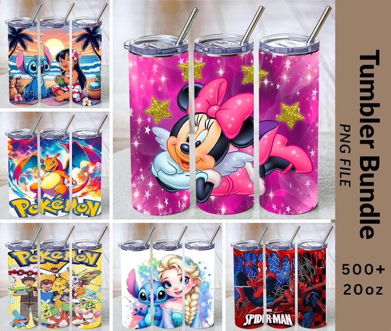 May include: A collection of 20oz tumblers with lids and straws, featuring various character designs including Lilo and Stitch, Pokemon, Minnie Mouse with gold stars on a pink background, Elsa with Stitch, and Spider-Man with red dripping paint.