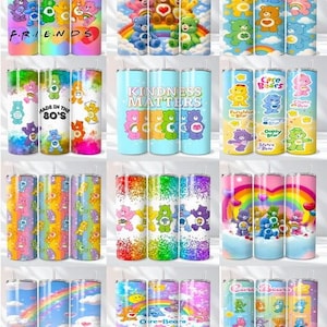 May include: A collection of twelve cylindrical metal tumblers featuring various Care Bears character designs, colorful rainbows, clouds, and text such as FRIENDS, KINDNESS MATTERS, and MADE IN THE 80'S, each with a straw and a lid.