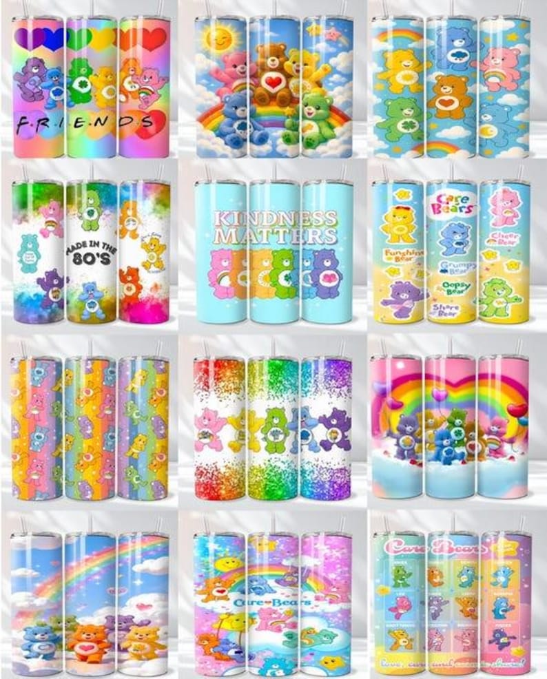 May include: A collection of twelve cylindrical metal tumblers featuring various Care Bears character designs, colorful rainbows, clouds, and text such as FRIENDS, KINDNESS MATTERS, and MADE IN THE 80'S, each with a straw and a lid.