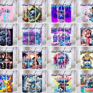 May include: A collection of sixteen cylindrical stainless steel tumblers, each featuring a metal straw and a unique graphic print of characters from the Lilo and Stitch franchise, including Stitch, Angel, and Lilo in various colorful settings.
