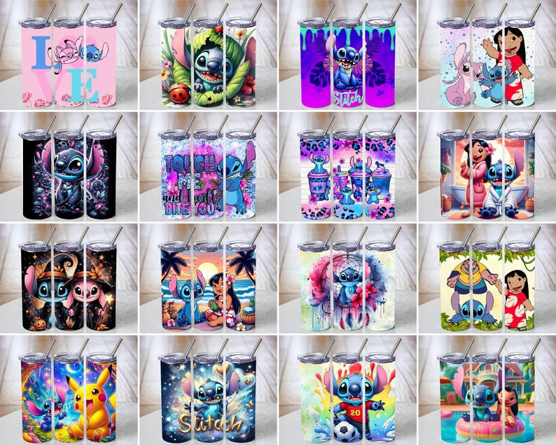 May include: A collection of sixteen cylindrical stainless steel tumblers, each featuring a metal straw and a unique graphic print of characters from the Lilo and Stitch franchise, including Stitch, Angel, and Lilo in various colorful settings.