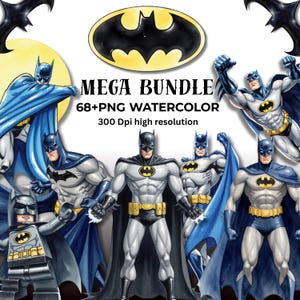 May include: A digital collection of Batman illustrations featuring various poses of the character in blue, grey, and yellow, including a block-style figure. Text reads: MEGA BUNDLE 68+PNG WATERCOLOR 300 Dpi high resolution. Includes bat-shaped icons.