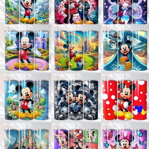 May include: A collection of twelve cylindrical tumblers featuring various colorful illustrations of Mickey and Minnie Mouse in diverse settings, including castles, gardens, sports fields, and floral backgrounds with butterflies and polka dots.