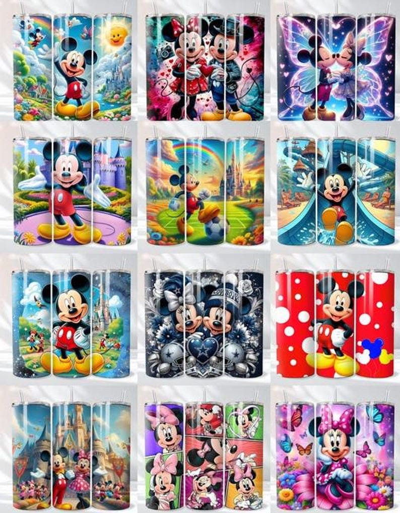 May include: A collection of twelve cylindrical tumblers featuring various colorful illustrations of Mickey and Minnie Mouse in diverse settings, including castles, gardens, sports fields, and floral backgrounds with butterflies and polka dots.