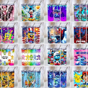 May include: A collection of sixteen cylindrical metal tumblers with lids and straws, each featuring vibrant, full-wrap graphic prints of various cartoon characters, including Mickey Mouse, SpongeBob SquarePants, Stitch, Spider-Man, and Pok&eacute;mon.