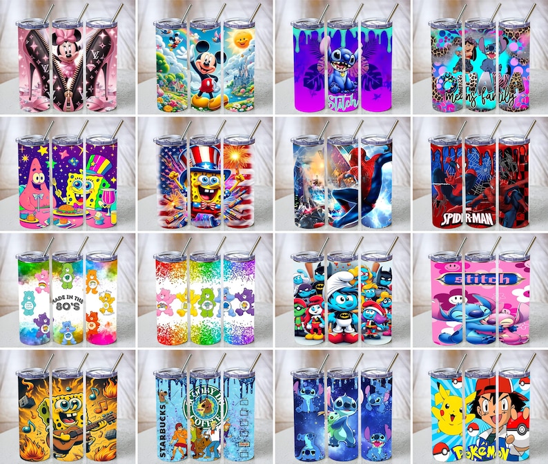 May include: A collection of sixteen cylindrical metal tumblers with lids and straws, each featuring vibrant, full-wrap graphic prints of various cartoon characters, including Mickey Mouse, SpongeBob SquarePants, Stitch, Spider-Man, and Pok&eacute;mon.