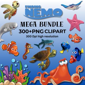 Könnte beinhalten: Eine digitale Sammlung von Finding Nemo Cliparts mit verschiedenen Meerestieren wie einer Meeresschildkröte, einem Clownfisch, einem Oktopus, einem Seepferdchen, einem Seestern und einem Rochen, mit dem Text Finding Nemo Mega Bundle 300+ PNG Clipart.