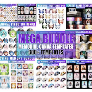 300+ Mega Memorial Canva Templates Bundle | Funeral Program, Memorial Poster, Pin Button, Butterfly, Casket Panel, Clock Fan, Editable Canva