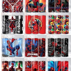 May include: A collection of fifteen cylindrical tumblers featuring various Spider-Man graphic designs. Each tumbler displays red and blue character imagery, including cityscapes, spider webs, and the Spider-Man logo, with some designs showing the text Spider-Man or No Way Home.