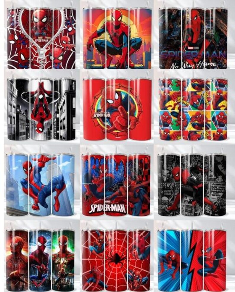 May include: A collection of fifteen cylindrical tumblers featuring various Spider-Man graphic designs. Each tumbler displays red and blue character imagery, including cityscapes, spider webs, and the Spider-Man logo, with some designs showing the text Spider-Man or No Way Home.