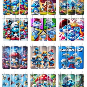 May include: A collection of twelve cylindrical tumblers featuring various Smurf characters in colorful, detailed scenes. Designs include Smurfs near mushroom houses, Smurfs dressed as superheroes, and one tumbler displaying the text The Smurfs 2.