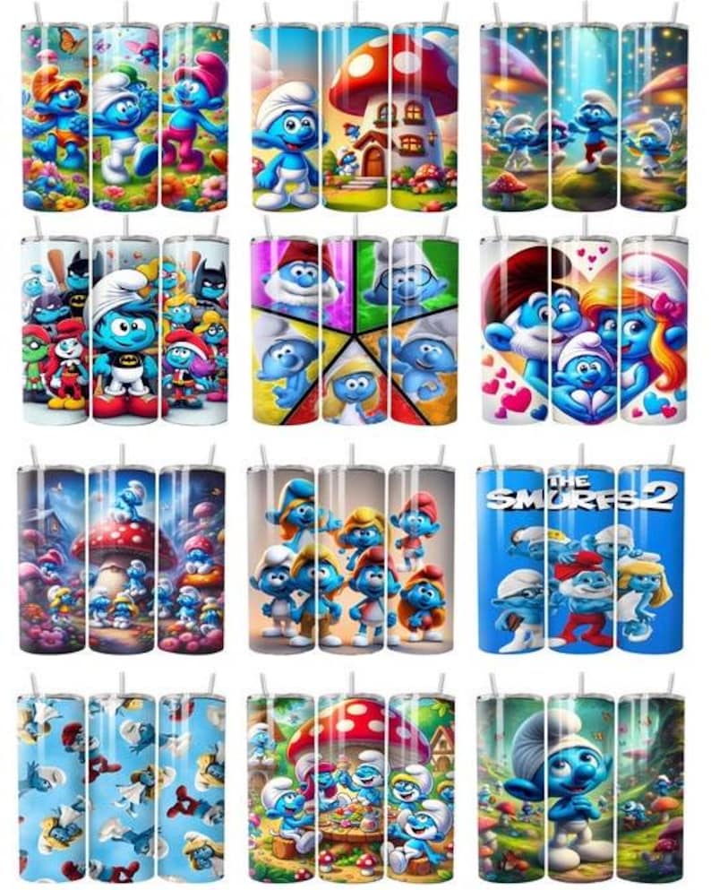 May include: A collection of twelve cylindrical tumblers featuring various Smurf characters in colorful, detailed scenes. Designs include Smurfs near mushroom houses, Smurfs dressed as superheroes, and one tumbler displaying the text The Smurfs 2.
