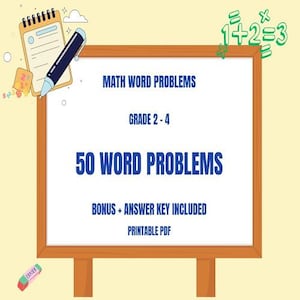 Puede incluir: Una pizarra con el texto "MATH WORD PROBLEMS" y "GRADE 2-4". La pizarra también indica "50 WORD PROBLEMS" y "BONUS + ANSWER KEY INCLUDED PRINTABLE PDF". Un bloc de notas, un bolígrafo y una goma de borrar también están en la imagen.