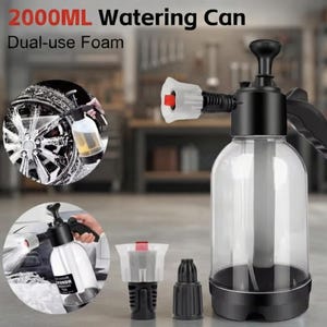 May include: A clear 2000ml watering can with a black handle and nozzle. The text "2000ML Watering Can" and "Dual-use Foam" are visible. The can is shown in use, spraying foam onto a car wheel and interior.