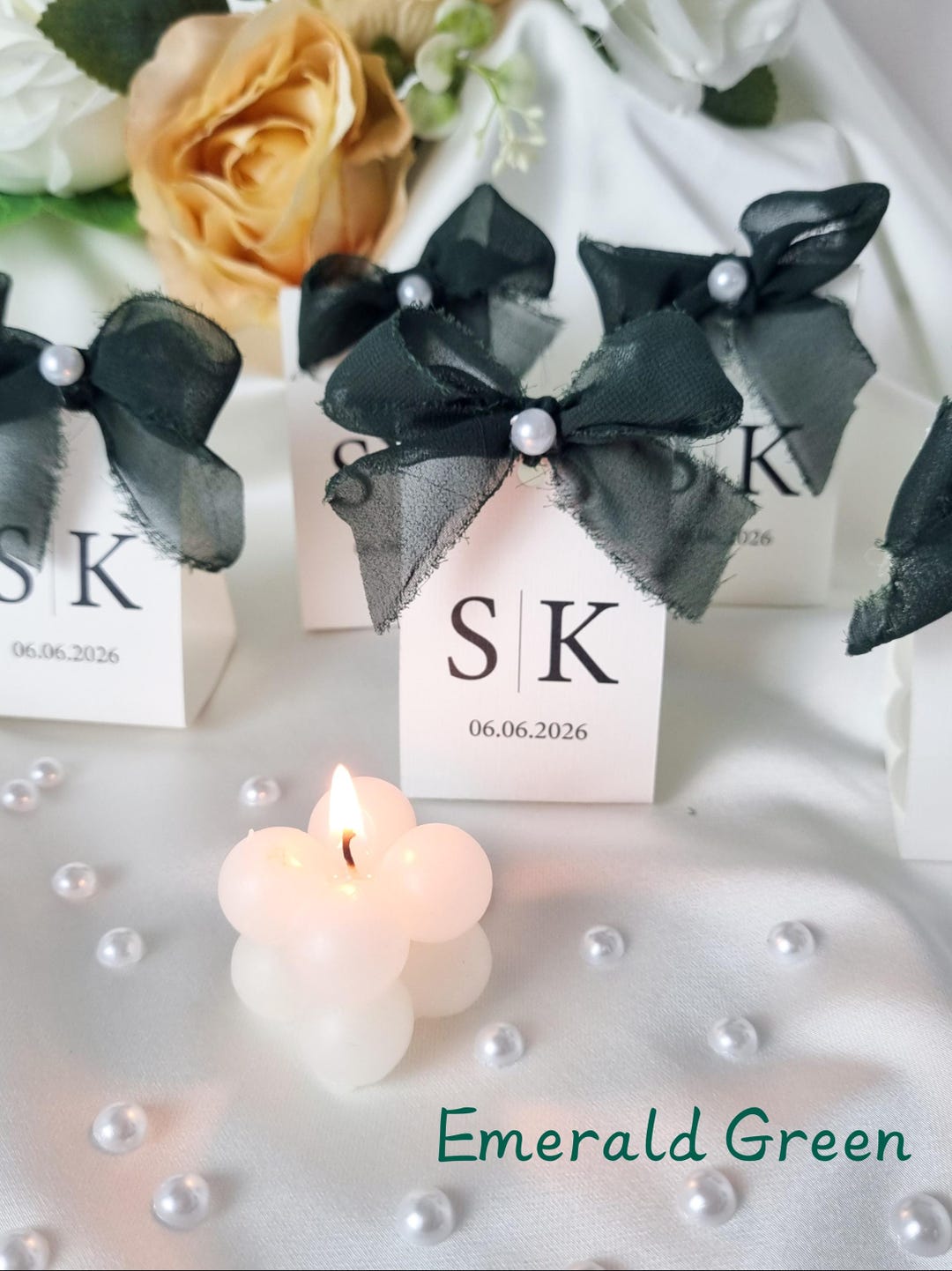 Personalized Bubble Candle Wedding Favors – Emerald Green Ribbon Gift ...