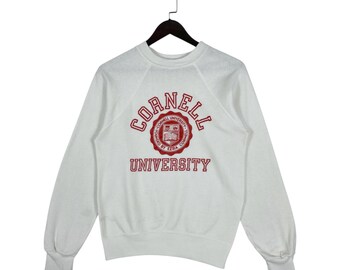 Vintage 70s Cornell University Sweatshirt | White Raglan Crewneck | Ivy League Collegiate Sportswear | Size Small/Medium