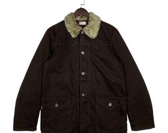 Vintage LEVI’S Red Tab Sherpa Fleece Collar Barn Jacket Brown Canvas Field Coat Workwear Size L Archival Japanese Levi's Mens Chore Jacket