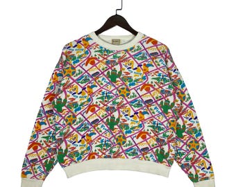 Felpa vintage Fiorucci Smart Kids con stampa integrale, girocollo, multicolore, taglia 160, piccola, da donna, Made in Japan, streetwear casual, stile anni '90.