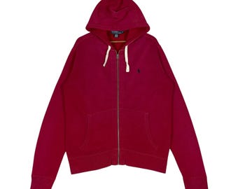Vintage Polo Ralph Lauren Zip Up Hoodie Rot klein Pony Logo Maroon Magenta 90er Jahre Streetwear Size Large