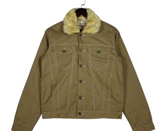 Vintage Levi Strauss Signature Sherpa Kragen Trucker Jacke Braun Khaki Canvas Gestepptes Futter Herren Größe Medium