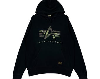 Bluza z kapturem Alpha Industries w kolorze czarnym, z logo w kamuflażu, w stylu vintage, w stylu wojskowym, rozmiar M