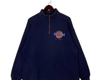 Bluza Vintage Hard Rock Cafe Los Angeles z zamkiem 1/4 w kolorze granatowym | Rozmiar S, pasuje na oversize L XL | Sweter z haftem w stylu lat 90.