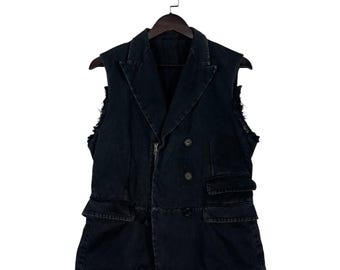 Archival Neil Barrett Military Denim Vest - Made in Italy - Double Breasted Sleeveless Jacket - Frayed Trim - Designer Avant Garde - Size M