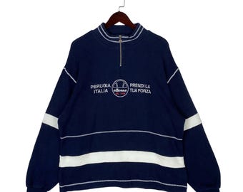 Bluza z kapturem Ellesse Vintage, zapinana na suwak, duża, niebieska, lata 90., Perugia, Włochy, haftowana, prążkowana, Goldwin, wyprodukowana w Japonii, rozmiar XL