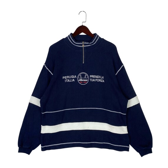 Ellesse, Vintage Ellesse Half Zip Sweatshirt Large Blue 90s Perugia Italia Embroidered Spellout Ribbed Pullover Jumper Goldwin Made In Japan Size XL