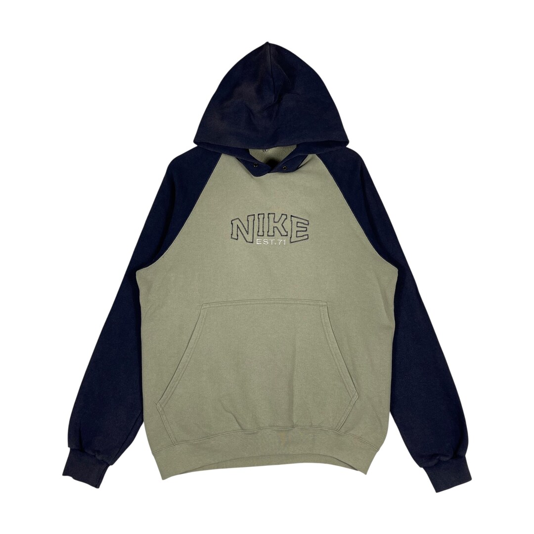 トップス TakayaHioki NIKE 90s SWEAT REMAKE HOODIE Vintage 90s Nike Embroidered Hoodie – Olive Navy Raglan Sweatshirt