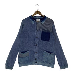 Vintage Diesel Indigo Patchwork Cardigan Jacket Men Medium Knit Workwear Chore Denim Wash Boro Style Button Down Sweater