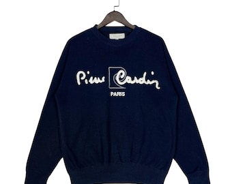 Vintage Pierre Cardin Prestige Sweatshirt | Navy Blue Embroidered Script Spellout Pullover | Retro 90s Designer Jumper | Size Medium
